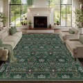 8x10 Floral Washable Area Rugs for Living Room, Vintage Boho Large Rug for Bedroom Dining Room， Distressed Botanical Birds Non Slip Low Pile Animal Throw Carpet for Farmhouse Office, Bright Green