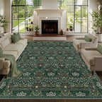 9x12 Floral Washable Area Rugs for Living Room, Vintage Boho Large Rug for Bedroom Dining Room， Distressed Botanical Birds Non Slip Low Pile Animal Throw Carpet for Farmhouse Office, Bright Green