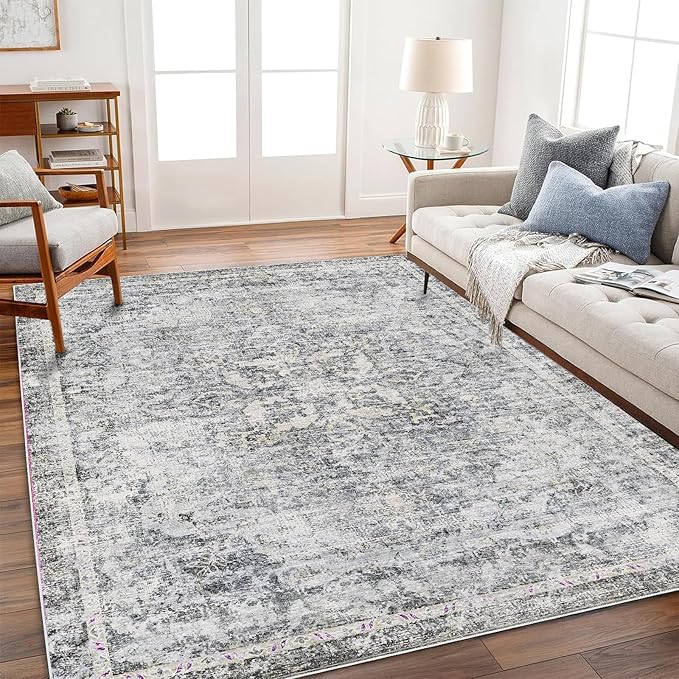 Area Rug 6'x9' Washable Vintage Traditional Floor Cover Thin Retro Kitchen Indoor Distressed Non Slip Carpet for Living Room Bedroom Dining Room