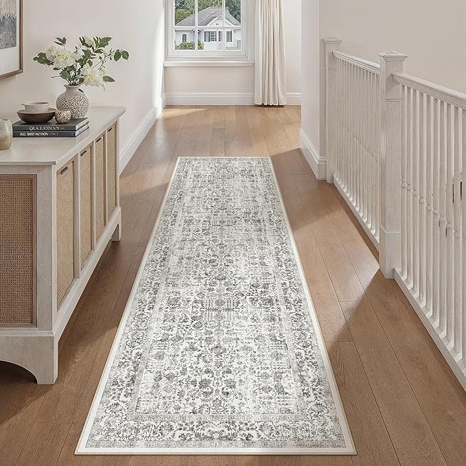 Black Runner Rug 2x8 Hallway Machine Washable Kitchen Vintage Distressed Non Slip Long Carpet Indoor Retro Floral Bedroom Accent Throw Rug for Bathroom Office Laundry Dining Room