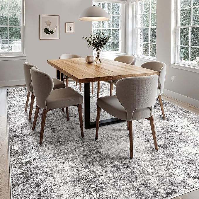 9x12 Area Rug Living Room Rugs - Washable Neutral Modern Abstract Soft Thin Large Rug Indoor Floor No Slip Rug Carpet for Bedroom Under Dining Table Home Office Decor - Grey
