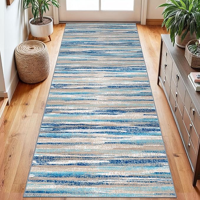 Modern Abstract Runner Rug 2.6x8, Blue Washable Kitchen Runner Non-Slip Soft Hallway Rug Runner Thin Print Faux Wool Carpet for Entryway Bedroom Laundry Room Indoor Home Decor