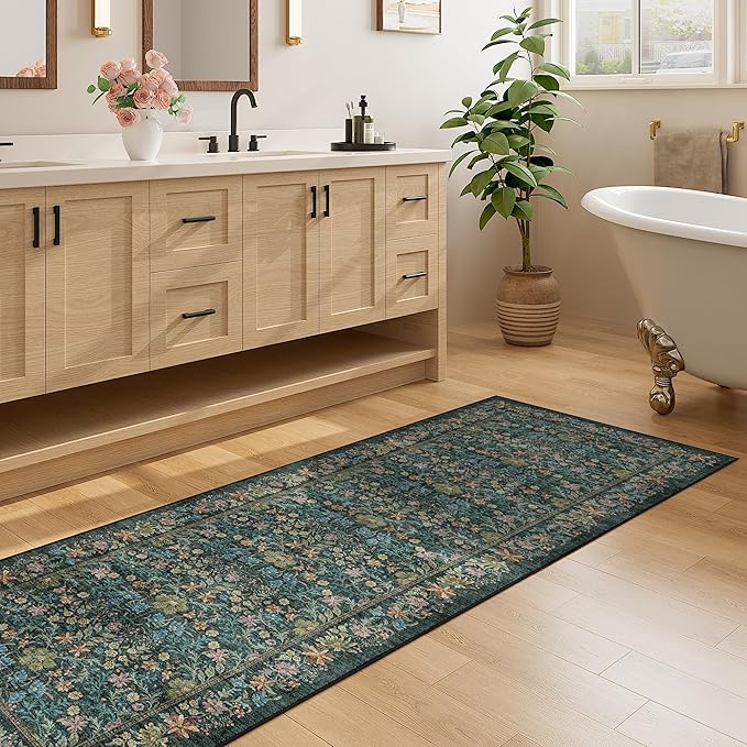 DUKINO 2.6x8 Runner Rug for Hallway, Washable Vintage Floral Kitchen Rug with Non Slip Backing, Soft Low Pile Throw Carpet Runner for Kitchen, Laundry, Hallway, Bathroom, Blue