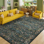 DUKINO 6x9 Rugs for Living Room, Vintage Washable Rug with Non Slip Backing, Floral Low Pile & Non-Shedding Large Area Carpets for Bedroom, Dining Room, Farmhouse, Home Office, Blue