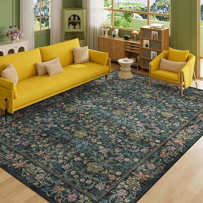DUKINO 6x9 Rugs for Living Room, Vintage Washable Rug with Non Slip Backing, Floral Low Pile & Non-Shedding Large Area Carpets for Bedroom, Dining Room, Farmhouse, Home Office, Blue