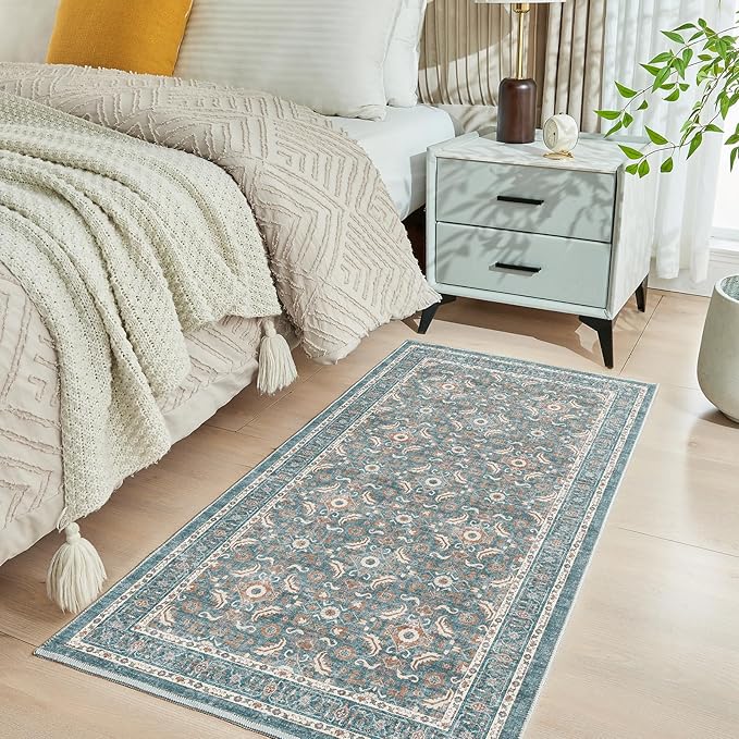 WITSHOCK Washable 2x4 Entryway Area Rug: Soft Non-Slip Backing Washable Rugs Vintage Flower Boho Accent Small Rugs for Bedroom, Kitchen, Bathroom, Nursery Entrance,Teal Blue