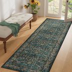 DUKINO 2.6x8 Runner Rug for Hallway, Washable Vintage Floral Kitchen Rug with Non Slip Backing, Soft Low Pile Throw Carpet Runner for Kitchen, Laundry, Hallway, Bathroom, Blue