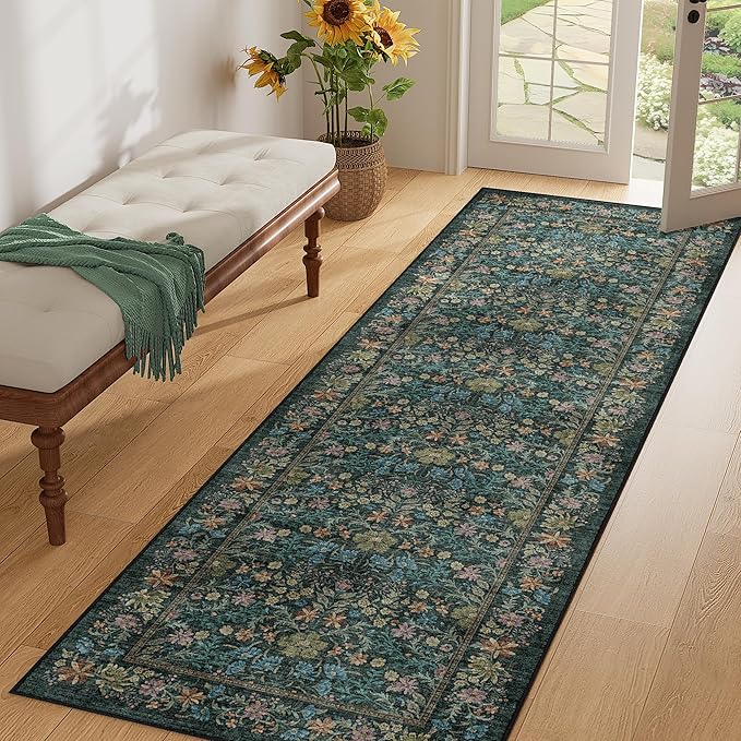 DOKINO 2x10 Runner Rug for Hallway, Vintage Washable Long Kitchen Rug with Low Pile Design, Floral Non Slip Soft Carpet Runner for Hallway, Kitchen, Bathroom, Bedroom, Blue