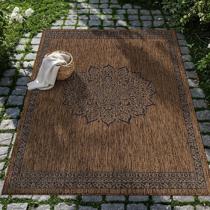 CAMILSON Outdoor Rug 10x14 Medallion Gold Modern Large Area Rugs for Indoor and Outdoor Patios Kitchen and Hallway Mats Washable Porch Deck Outside Carpet (Medallion Gold 10 x 14)