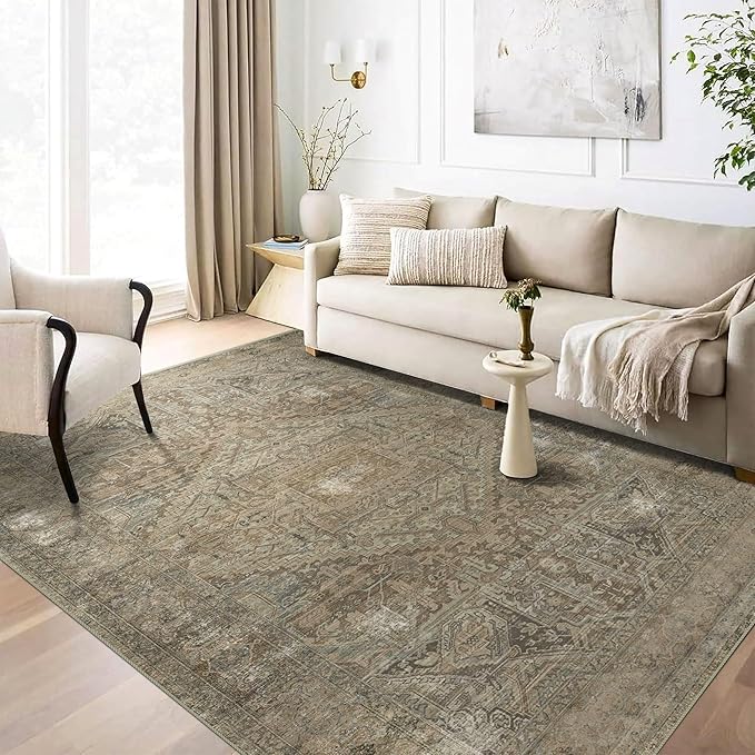 vivorug 9x12 Area Rugs for Living Room, Non Slip Machine Washable Vintage Rug, Ultra-Thin Lightweight Large Area Rug for Bedroom, Dining Room, Low Pile Rug Olive