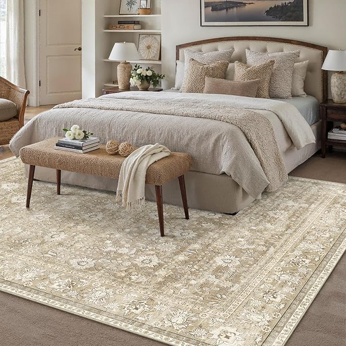 HUGEAR 5x7 Machine Washable Rugs Beige Hallway Area Rug Indoor Accent Rug Floral Low Pile Carpet Soft Throw Aesthetic Rug Bedroom Living Room Office Dining Room Kitchen Laundry Room Non Slip