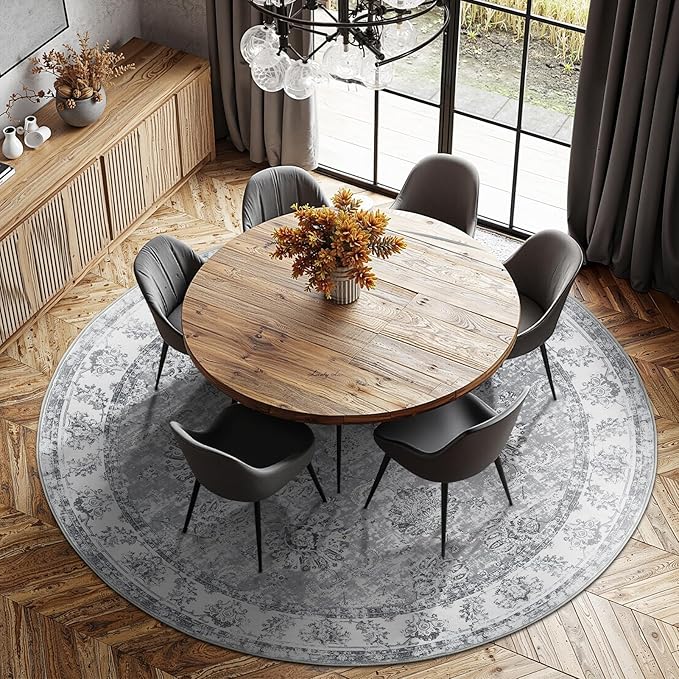 jinchan Fiora Round Rug 8ft Area Rug - Grey Vintage Floor Mat Indoor Ultra-Thin Soft Floral Print - Washable Circle 8' Retro Accent for Farmhouse Non Slip Dining Room Living Room Bedroom Office