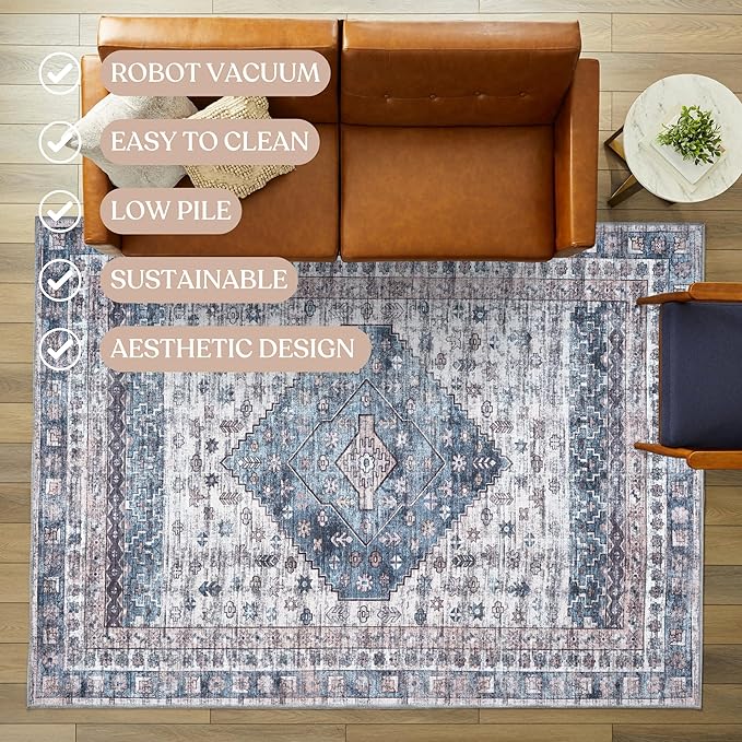 Washable Area Rug. Modern Farmhouse. Vintage. Turkish. Bohemian. Distressed. Oriental. Traditional. Rugs for Living Room. Dining. Bedroom. Office. Entryway. Foyer. (859NC, 9' x 12')