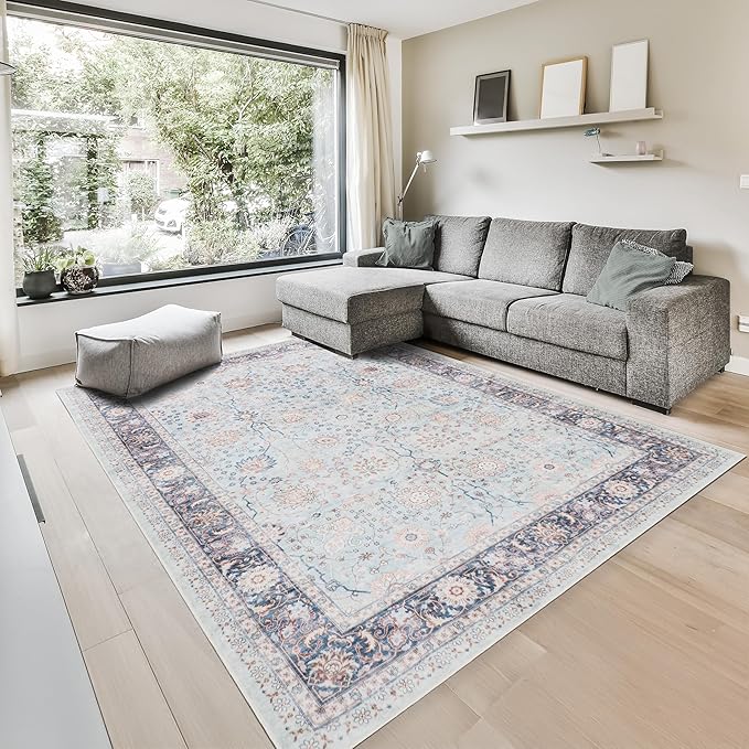 GLN Rugs Traditional Collection - Machine Washable Area Rug, Traditional Washable, Non Slip, Low Pile Chenille Rug, Living Room, Bedroom, Kitchen Rug (8' x 10' Light Blue)