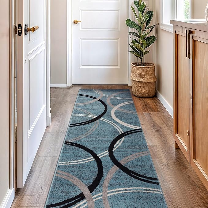 Rugshop Modern Wavy Circles Design Runner Rug, Non-Shedding Carpet for Hallway, Kitchen, or Entryway, Blue, 2' x 7'2"