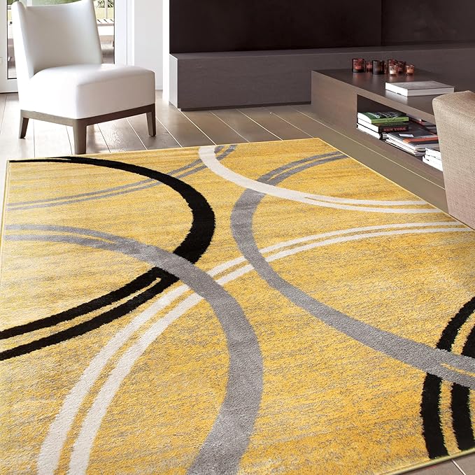 Rugshop Wavy Circles Design Area Rug, Non-Shedding Carpet for Living Room, Bedroom, or Office, Yellow, 6'6" x 9'
