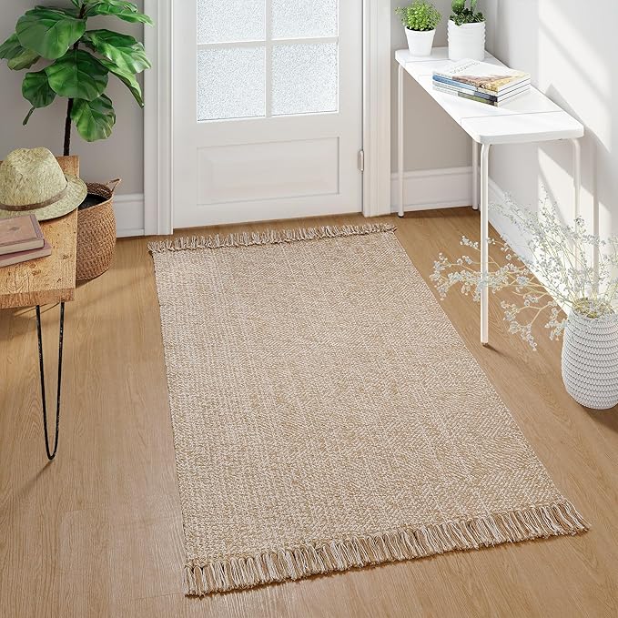 Collive Washable Area Rug 3' x 5', Modern Woven Kitchen Rugs, Tan/Cream Braided Cotton Rug Indoor Door Mat Throw Carpet for Entryway Living Room Nursery Mudroom Laundry Room