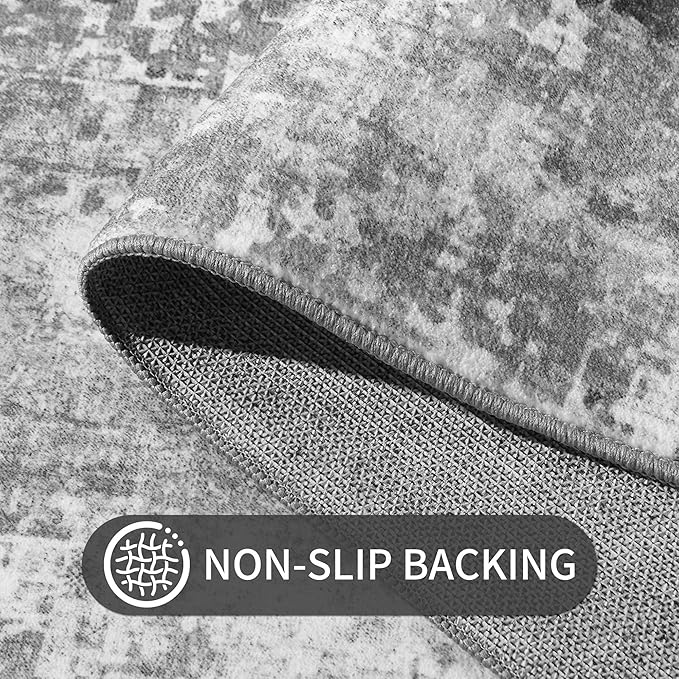 Area Rug 4x6 Grey Rug Washable Boho Rugs Non Slip Low Pile Abstract Small Carpet for Entryway, Bedroom, Kitchen, Classroom, Kids Room, Office, Dorm, Dining Room Gray