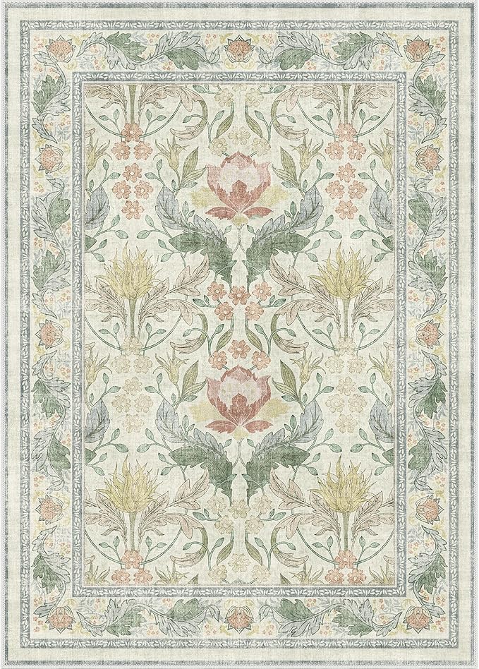 Bavni 5x7 Area Rugs for Living Room, Microfiber Machine Washable Non-Slip Vintage Floral Rug, Low Pile Lightweight Carpet for Bedroom, Dining Room, Home Office, Beige&Green