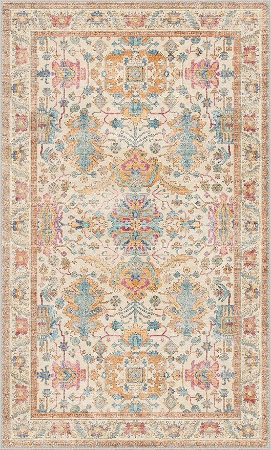 Bavni Area Rug 3x5, Non-Slip Washable Rugs for Living Room Office, Boho Distressed Printed Rug, Low Pile Foldable Decorative Carpet for Bedroom Kitchen Office, Turmeric