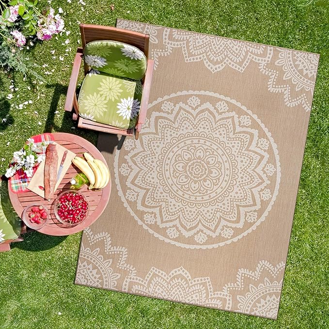 CAMILSON Outdoor Rug 10x14 Modern Area Rugs for Large Indoor and Outdoor Patios and Porches - Washable, Non-Shedding, Easy-to-Clean Outside Carpet (10 x 14, Medallion - Beige/White)