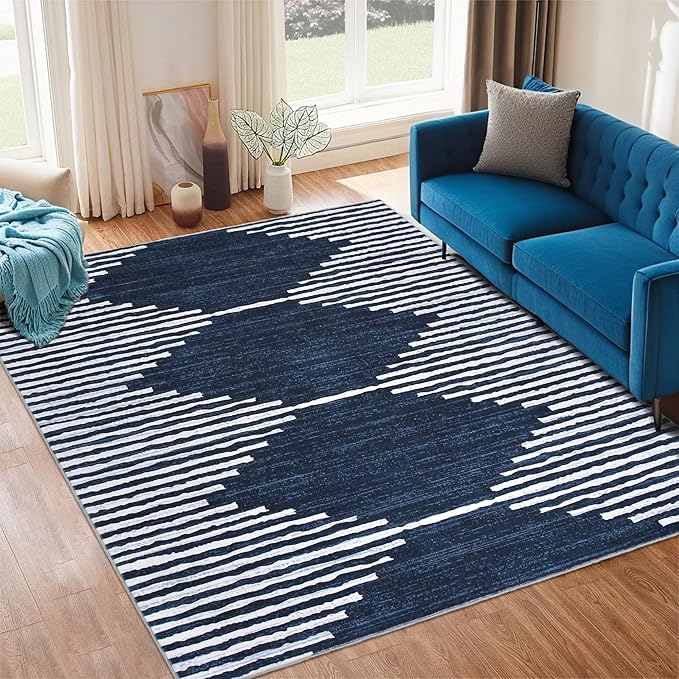 HelloTree Area Rug for Living Room 6x9 Washable Geometric Moroccan Rug Stripe Farmhouse Bohemian Minimalistic Non Slip Non Shedding Ultra Thin Soft Rug for Bedroom Office DiningRoom Nursery-Blue