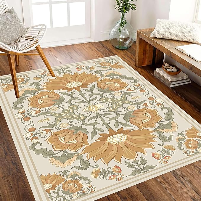 Abstract Sunflower Area Rugs, 5x7ft, Traditional Rustic Vintage Tropical Floral Theme Beige Farmhouse Boho Carpet, Shaggy Low Pile Fade Resistant Home Goods Rug for Living Room Kitchen