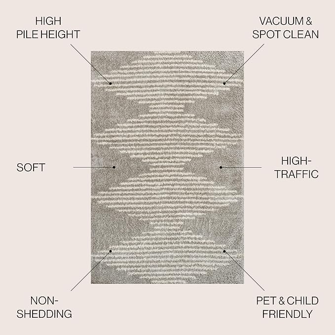 JONATHAN Y Elm Diamond Stripe Shag Gray/Ivory Indoor Area Rug, 3x5, Geometric, Bohemian, Contemporary, Easy-Cleaning for Living Room, Bedroom, Kitchen, Pet Friendly, Non-Shedding (MOH408B-3)