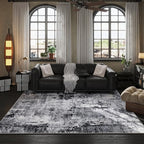 Rugcomf 8x10 Area Rug Washable Boho Rug Soft Non-Slip Non-Shedding Faux Wool Vintage Rug for Living Room, Farmhouse, Dining Room, Indoor, Kids Playroom, Grey and Black