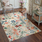 Beige Area Rug 4x6 Office Floral Indoor Door Mat Washable Boho Kitchen Living Room Carpet Non Slip Bedroom Low Pile Lightweight Throw Rug for Dining Room Farmhouse