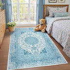 3x5 Area Rug for Bedroom, Machine Washable Rugs with Non-Slip Backing for Living Room, Soft Vintage Carpet Kitchen Laundry Kids Room Decor, Celestial Blue