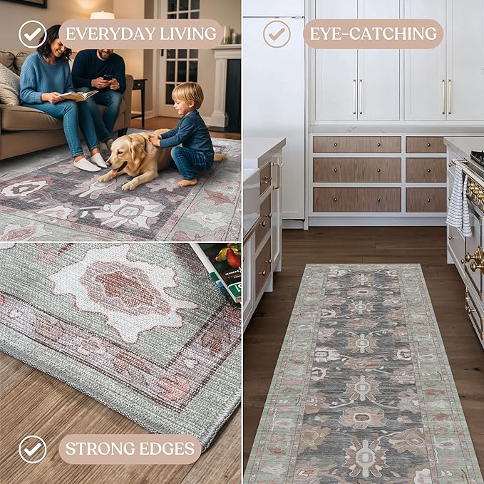 Fame Living Green Oushak Rug, Modern Small Rugs, Vintage, Turkish, Eclectic, Floral, Pastel, Washable, Door Mat, Doormat for Indoor Entrance, Entryway, Kitchen, Bathroom, Bedroom, Laundry, 2'x3'