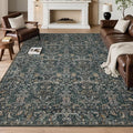 Washable Living Room Rug: 6x9 Boho Floral Soft Area Rug for Bedroom Decor - Vintage Low Pile Thin Carpet for Dining Room Non-Slip - Farmhouse Stain Resistant Rugs - Dark Green