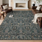 Washable Living Room Rug: 6x9 Boho Floral Soft Area Rug for Bedroom Decor - Vintage Low Pile Thin Carpet for Dining Room Non-Slip - Farmhouse Stain Resistant Rugs - Dark Green