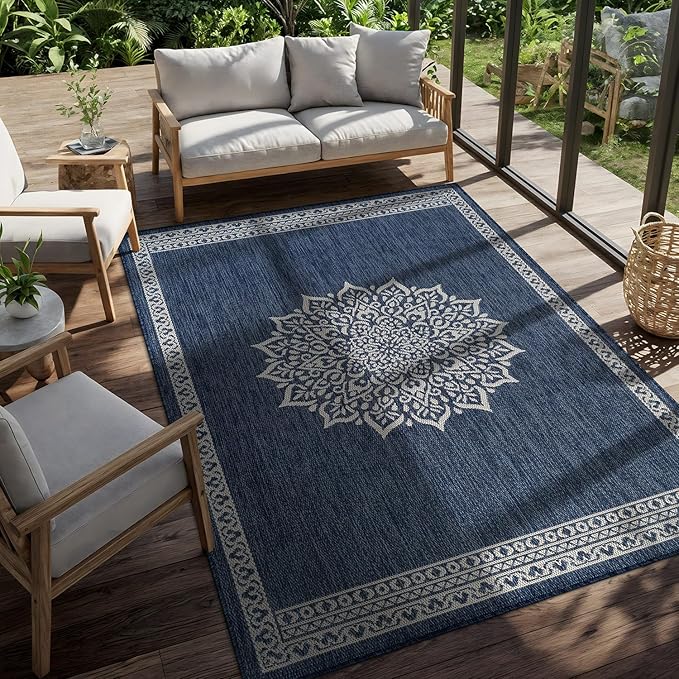 CAMILSON Outdoor Rug 6x9 Medallion Blue Modern Area Rugs for Indoor and Outdoor Patios Kitchen and Hallway Mats Washable Porch Deck Outside Carpet (Medallion Blue 6 x 9)
