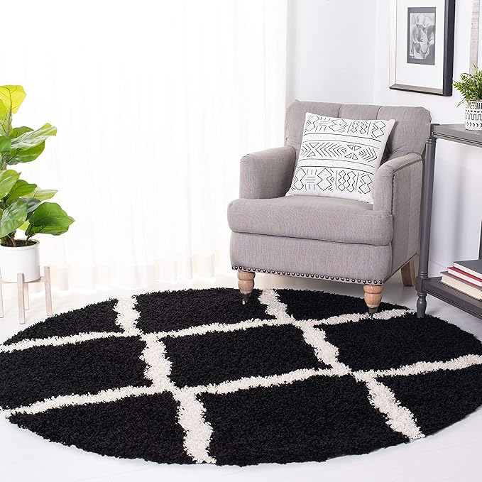 SAFAVIEH Dallas Shag Collection Area Rug - 6' Round, Black & Ivory, Trellis Design, Non-Shedding & Easy Care, 1.5-inch Thick Ideal for High Traffic Areas in Living Room, Bedroom (SGD257Z)