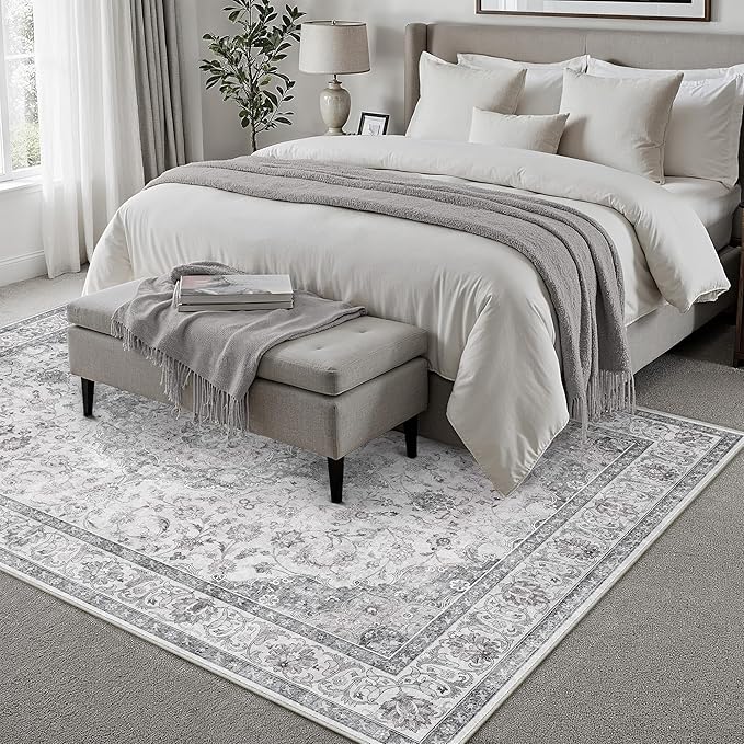 HUGEAR Area Rug 5x7 Vintage Grey Machine Washable Living Room Rugs Thin Neutral Floral Vacuumable Low Pile Carpet Bedroom Office Dining Room Laundry Room Non Slip Soft Lightweight