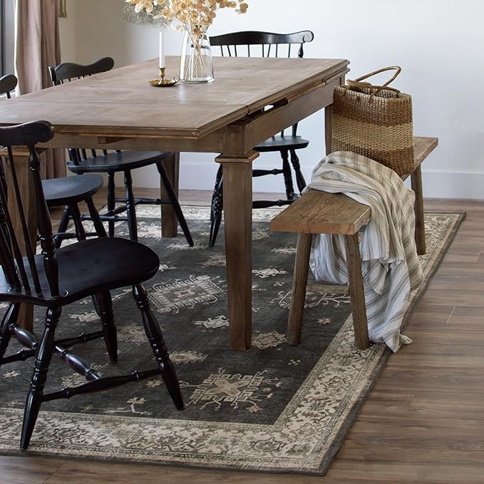 RUGGABLE Washable Vintage Area Rug – Verena Dark Wood 5x7, Stain-Resistant, Non-Slip – Medium Machine Washable Rugs for Living Room, Bedroom, Hallway, Entryway & Office–with Cushioned Pad