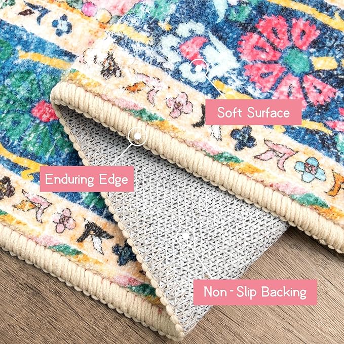 8x10 Area Rugs for Living Room Pink Boho Rug Vintage Rug Non-Slip Washable Low Pile Foldable Large Rugs for Bedroom Dining Room Indoor Floor Carpet