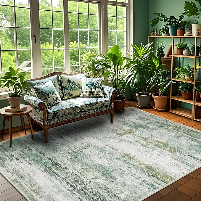 8x10 Abstract Area Rugs for Living Room, Modern Washable Indoor Rug for Bedroom, Thin Soft Large Non-Slip Carpet for Dining Room Home Office Farmhouse Decor - Abstract Army Green