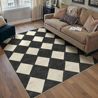 3x5 Checkered Area Rugs for Living Room Black Machine Washable Large Rug Non-Slip Stain Resistant Low Pile Boho Accent Indoor Throw Carpet for Office Bedroom Dining Room Classroom