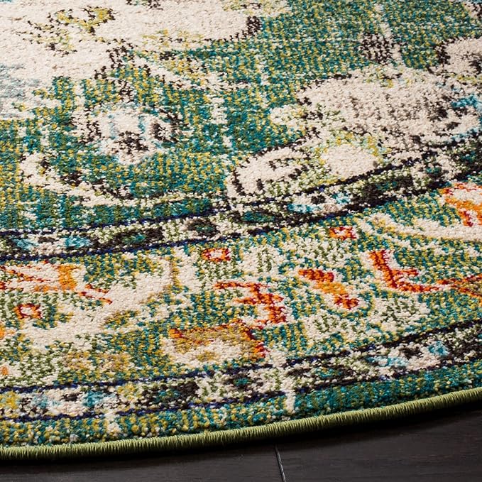 SAFAVIEH Monaco Collection Area Rug - 5' Round, Forest Green & Light Blue, Boho Medallion Distressed Design, Non-Shedding & Easy Care, Ideal for High Traffic Areas in Living Room, Bedroom (MNC243F)