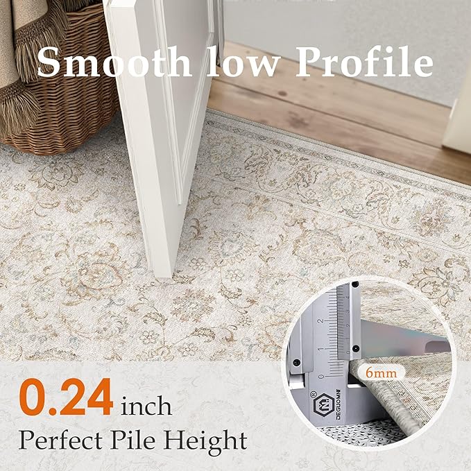 HUGEAR 3x5 Machine Washable Area Rugs Vintage Grey - Neutral Non Slip Stain Resistant Low Pile Aesthetic Throw Carpet Kids & Pet Friendly for Living Room Kitchen Dining Room Laundry
