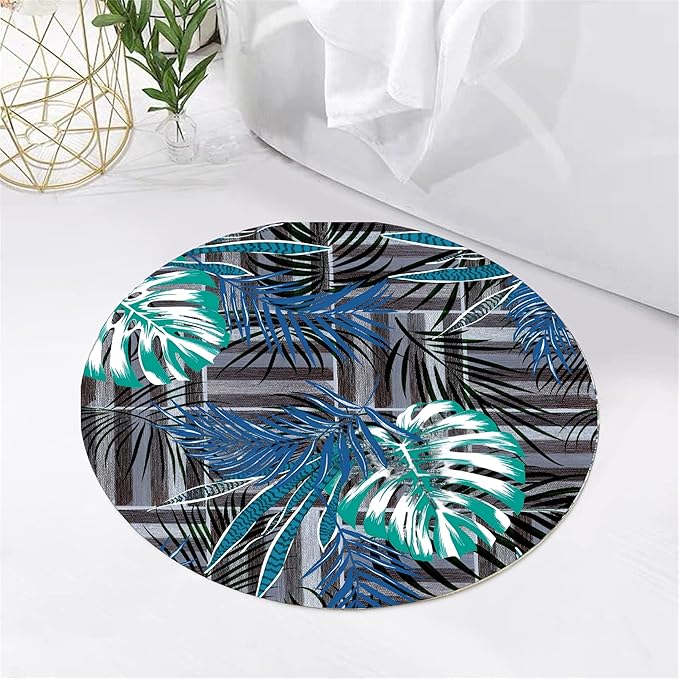 Round Area Rug 3ft - Abstract Palm Leaf Pattern, Non-Slip Machine Washable Low Pile Carpet for Bathroom, Living Room, Bedroom, Entryway, Durable Indoor Floor Mat