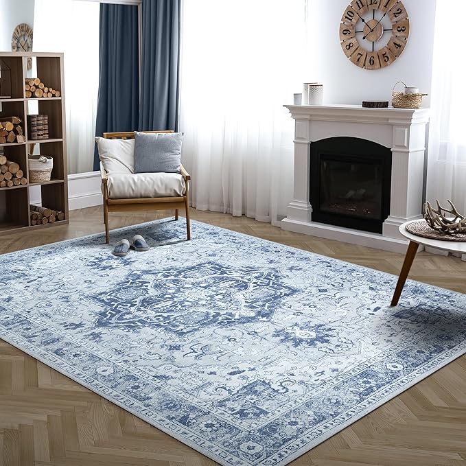 Bloom Rugs Washable Non-Slip 9' x 12' Rug - Gray/Blue Traditional Medallion Area Rug for Living Room, Bedroom, Dining Room, and Kitchen - Exact Size: 9' x 12'