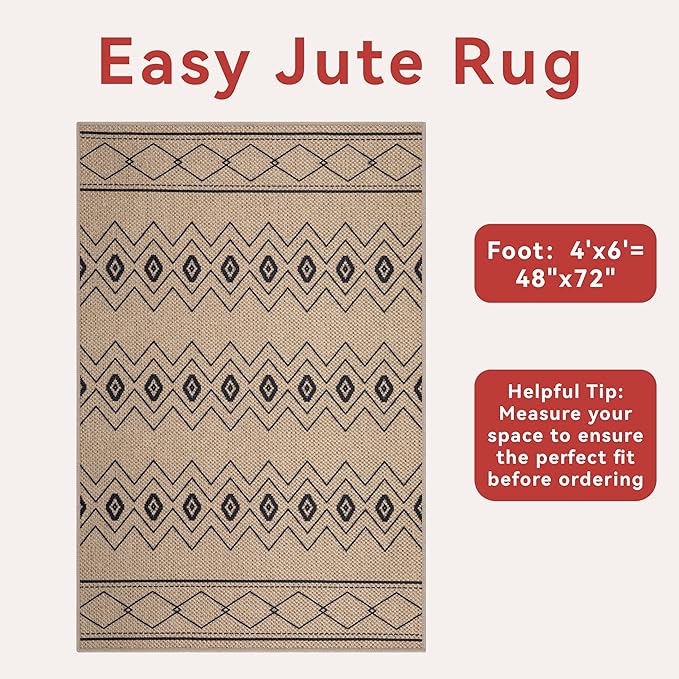 Tangsoo Modern Boho Easy Jute Rug 4x6,Non-Slip Ultra Thin Washable Rug for Patio Farmhouse Non Shedding Indoor Door Mat for Porch Patio Bedroom Living Room