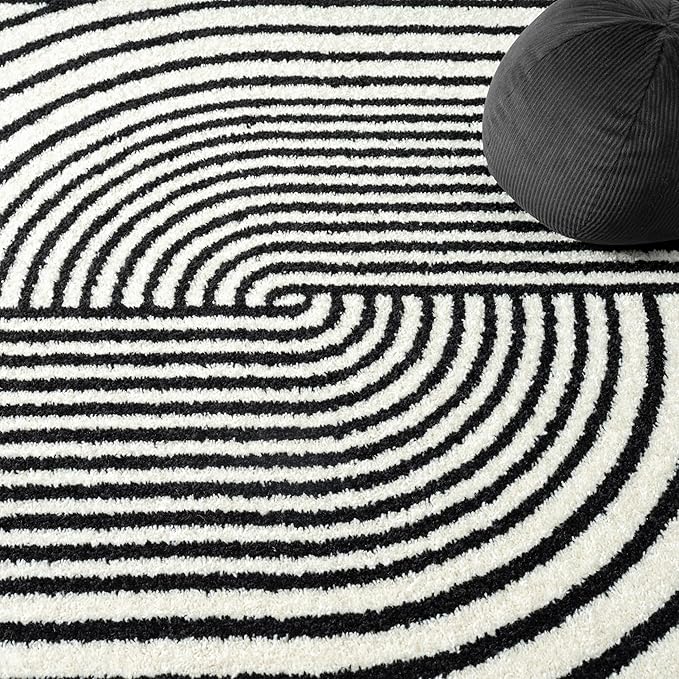 Abani Nuevo Collection Area Rug - Mid-Century Black and White Arch Knot Design - 6' Round - for Living Room, Bedroom & Office