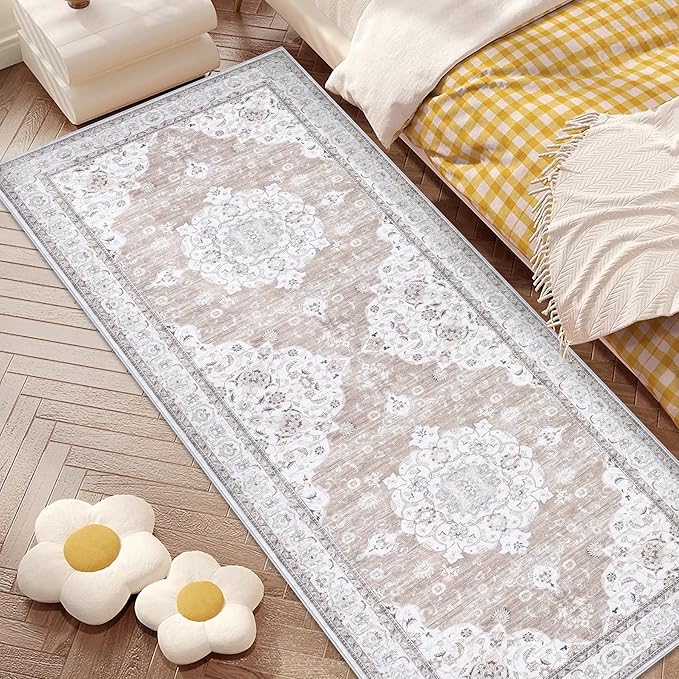 Runner Rug 2x6 Entryway Rug - Machine Washable Vintage Boho Area Rug Non-Slip Kitchen Runner Soft Stain Resistant Runners for Hallways Entryway Laundry Kitchen Bathroom Bedroom(Cream Ivory, 2'x6')