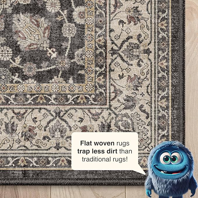 Well Woven Asha Rome Black 7'7" x 9'10" Area Rug - Oriental Floral Pattern, Easy Clean, Floor-Friendly Backing - for Living Room, Bedroom, and Dining Room