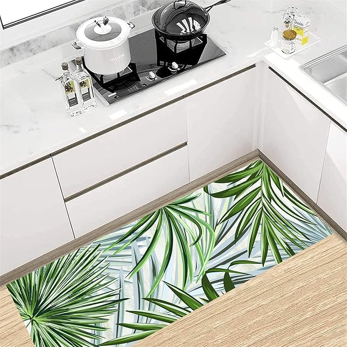 Hall Runner Rug 4x12 ft Non-Slip - Tropical Palm Leaves Design in Emerald Green - Easy Clean Washable Carpet for Hallway, Entryway, Bedroom - Durable Floor Decor
